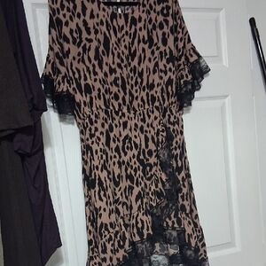 Leopard Print Midi Dress with Black Lace Trim